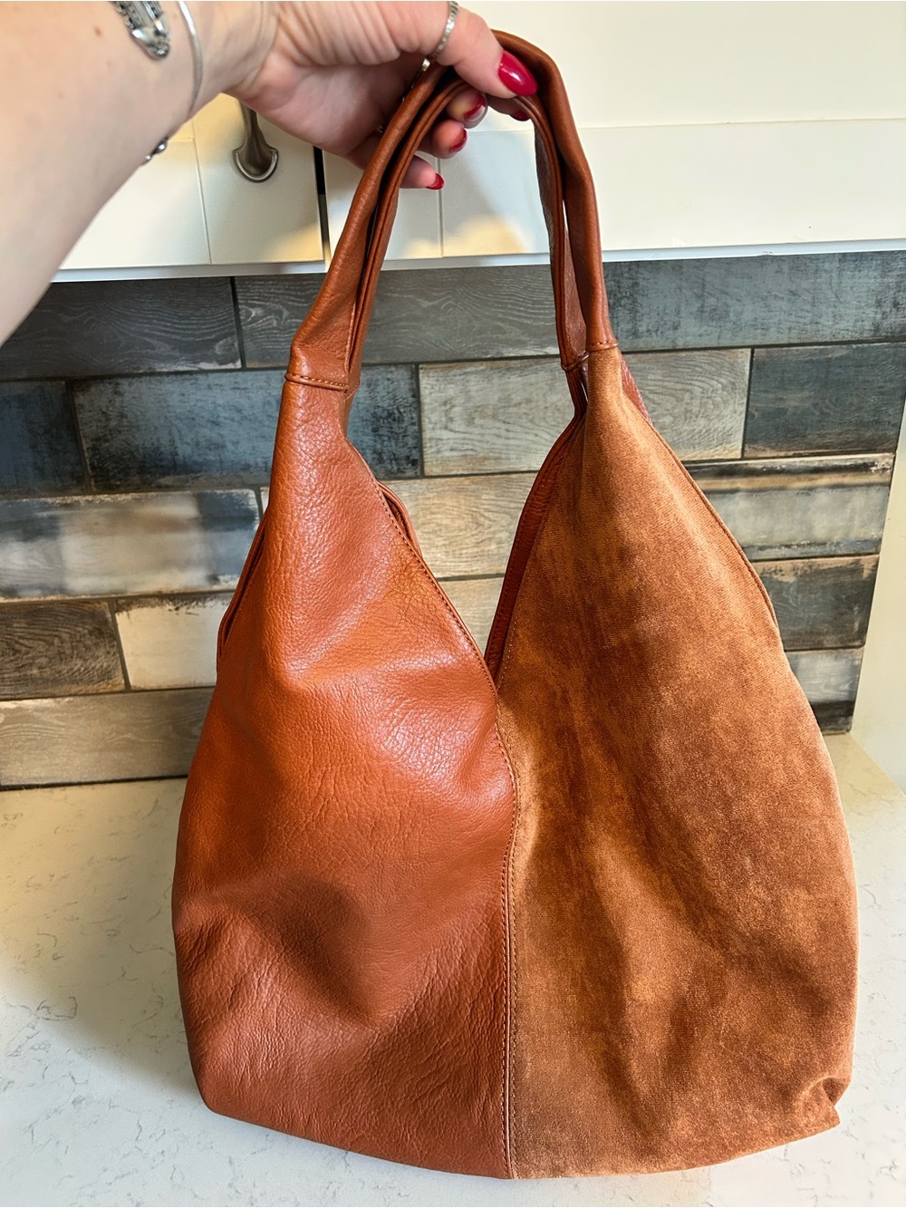 Anthropologie Urban Originals Lenora Large Mixed Faux Suede & Leather Hobo Bag - Picture 7 of 14